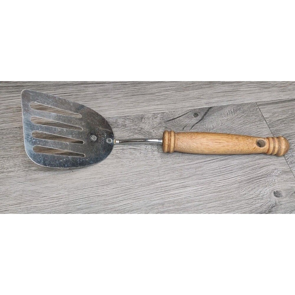 VTG EKCO Slotted Wood Handled Spatula Turner Stainless Steel Cooking Flipper USA - Picture 3 of 4